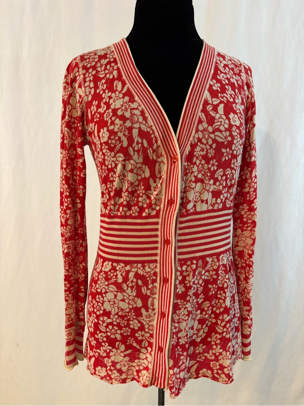 Rare NTS Not The Same Floral Cotton Cardigan Red Cream Button Front Cottagecore